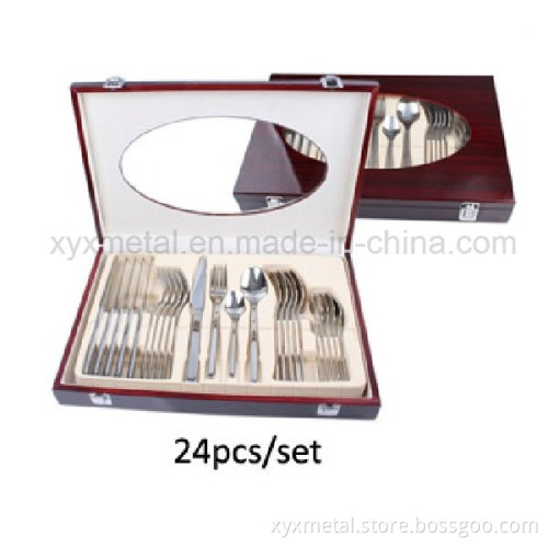 24PCS High Class Stainless Steel Tableware/Cutlery Set with Wooden Box Packaging